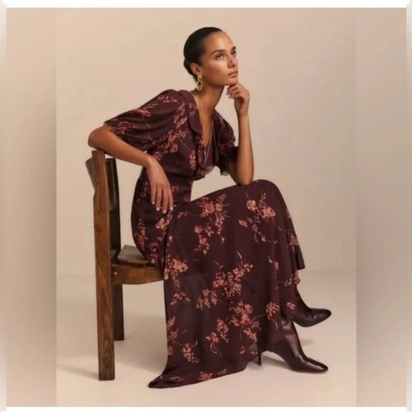 New Reformation Women Brown Long Floral Shorts Sleeve Dress 4 - Picture 2 of 13